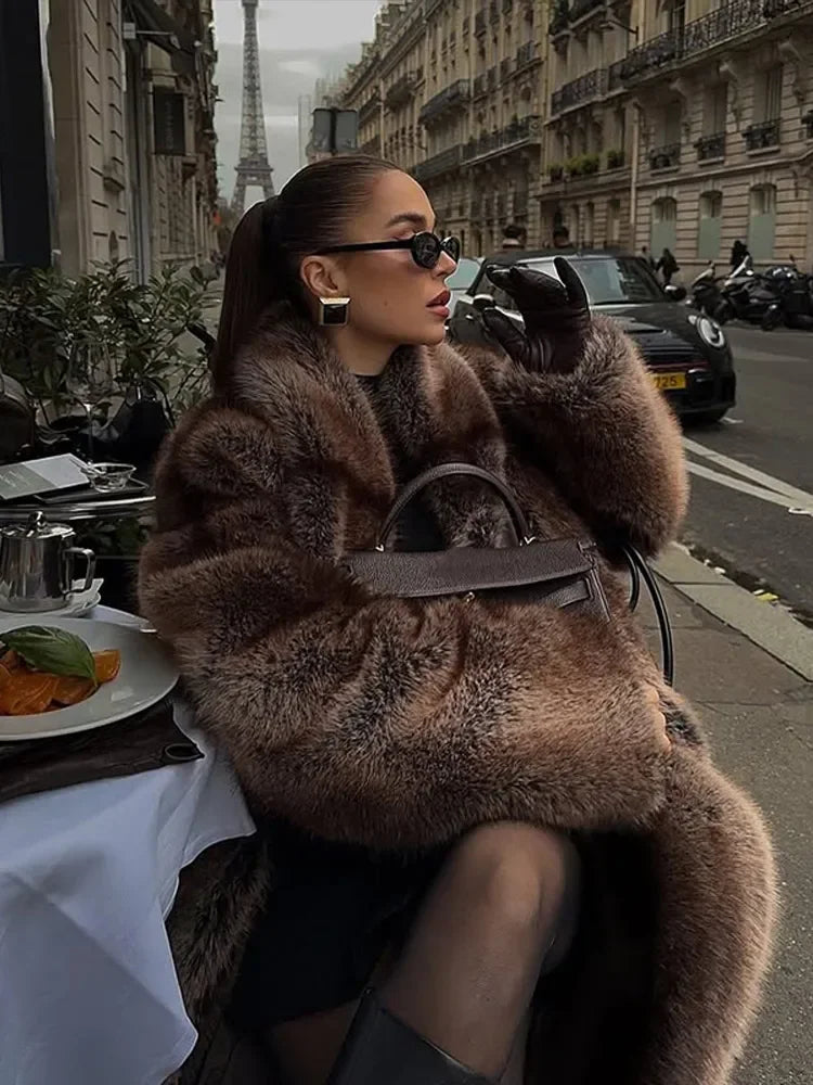 Chic Brown Faux Fur Overcoat Women Casual Luxury Lapel Long Sleeve Fluffy Coat Winter Female Thicken Warm High Street Outwear - Matrix Studios