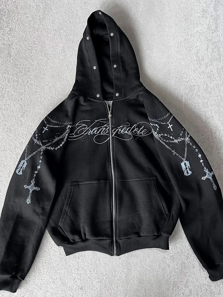 Winter Fashion Streetwear Women's Gothic Punk Faux Fur Hooded Jacket With Cross Print Trendy Edgy Zip - Up Sweatshirt 2026 New - Matrix Studios