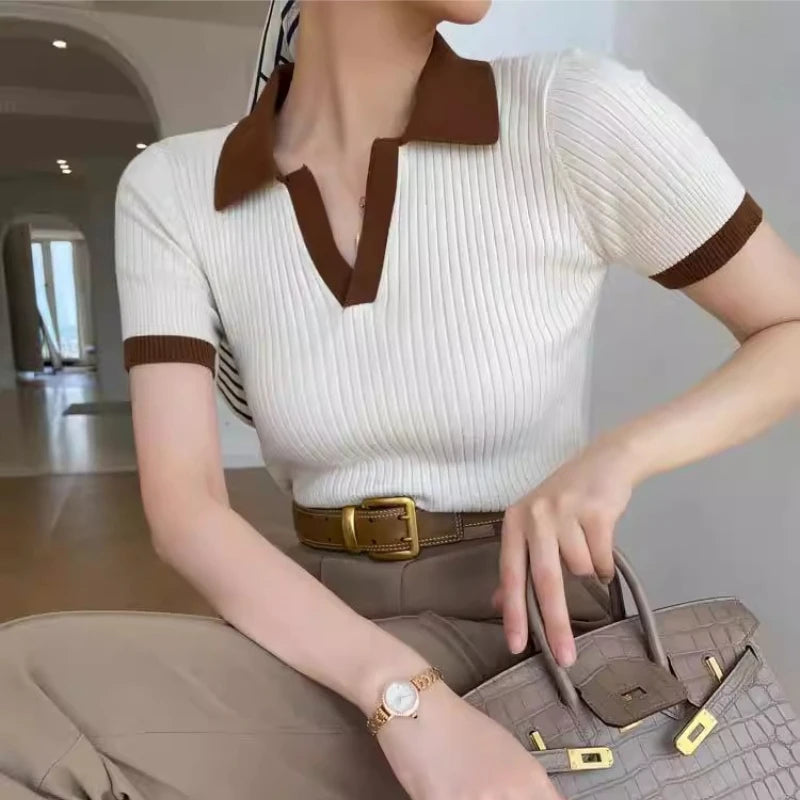 REALEFT Summer Patchwork French Style Polo Women's T-shirts 2025 New Short Sleeve Knitted Slim Shirts Knitwear Tops Female - Matrix-studios.com