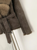 OFTBUY New Autumn Winter Real Fox Fur Collar Clothes Female Belt Suede Jacket Women Thick Warm Natural Rabbit Fur Lining Coat - Matrix Studios