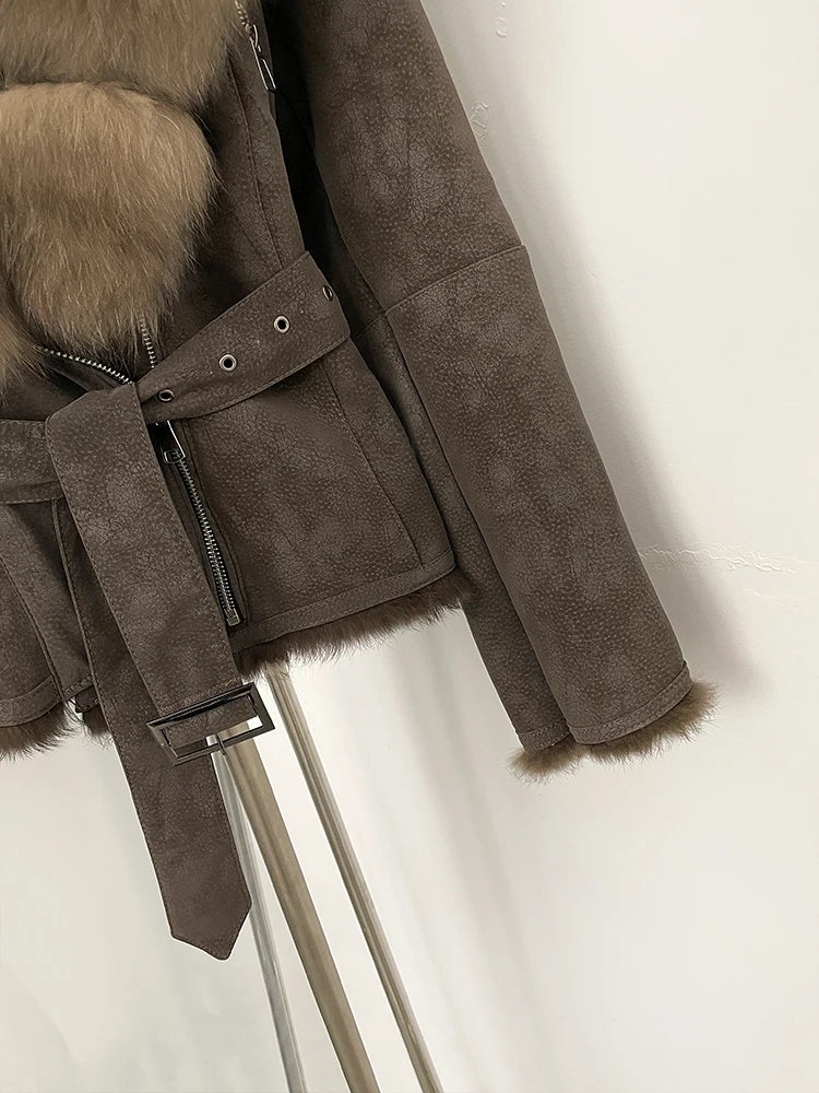 OFTBUY New Autumn Winter Real Fox Fur Collar Clothes Female Belt Suede Jacket Women Thick Warm Natural Rabbit Fur Lining Coat - Matrix Studios