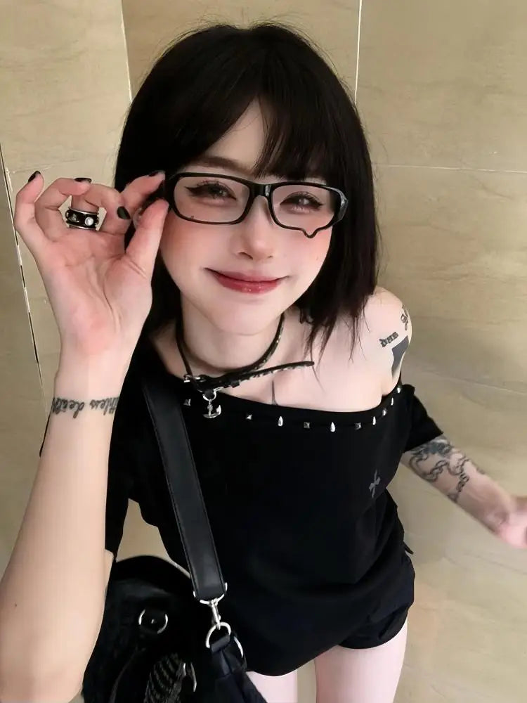 Seeslim Black Off Shoulder Cross Women's T-shirt Short Sleeve 2000s Clothes Y2k Summer Tops Tees Female Clothing Chic Vintage - Matrix-studios.com