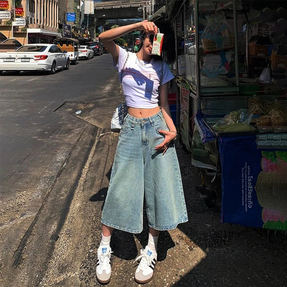 Summer American Style Vintage Women Baggy Jeans Y2k Loose Washed High Waist Knee Length Denim Pants Streetwear Wide Leg Shorts - Matrix-studios.com