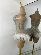 Luxury Women Sexy Shiny Crystal Feathers Hollow Out Bodysuit Nightclub Performance Dance Costume Nightclub Singer Stage Wear - Matrix Studios