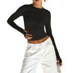 Fashion Women T-shirt Long Sleeve Crew Neck Solid Slim Fit Ladies Crop Top with Thumb Holes for Daily Streetwear Summer Camis - Matrix-studios.com