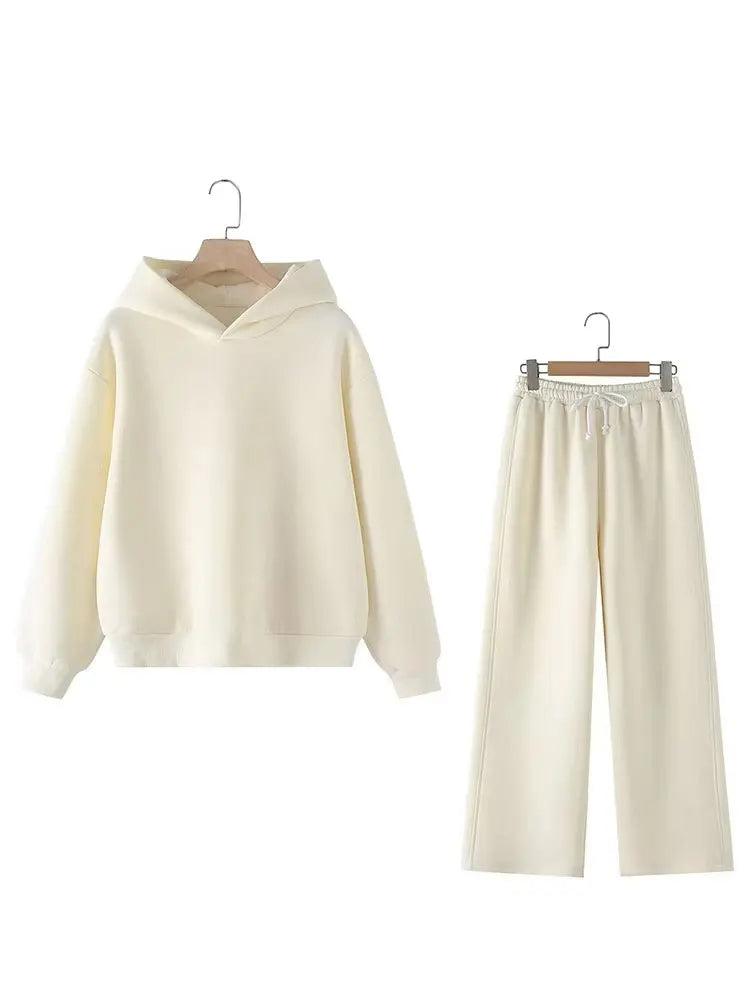 HH Women Solid Casual Sweatshirt Pant Suit Long Sleeve Hooded Fleece Pullover Coat Loose Straight Trousers Office Lady Sets - Matrix-studios.com
