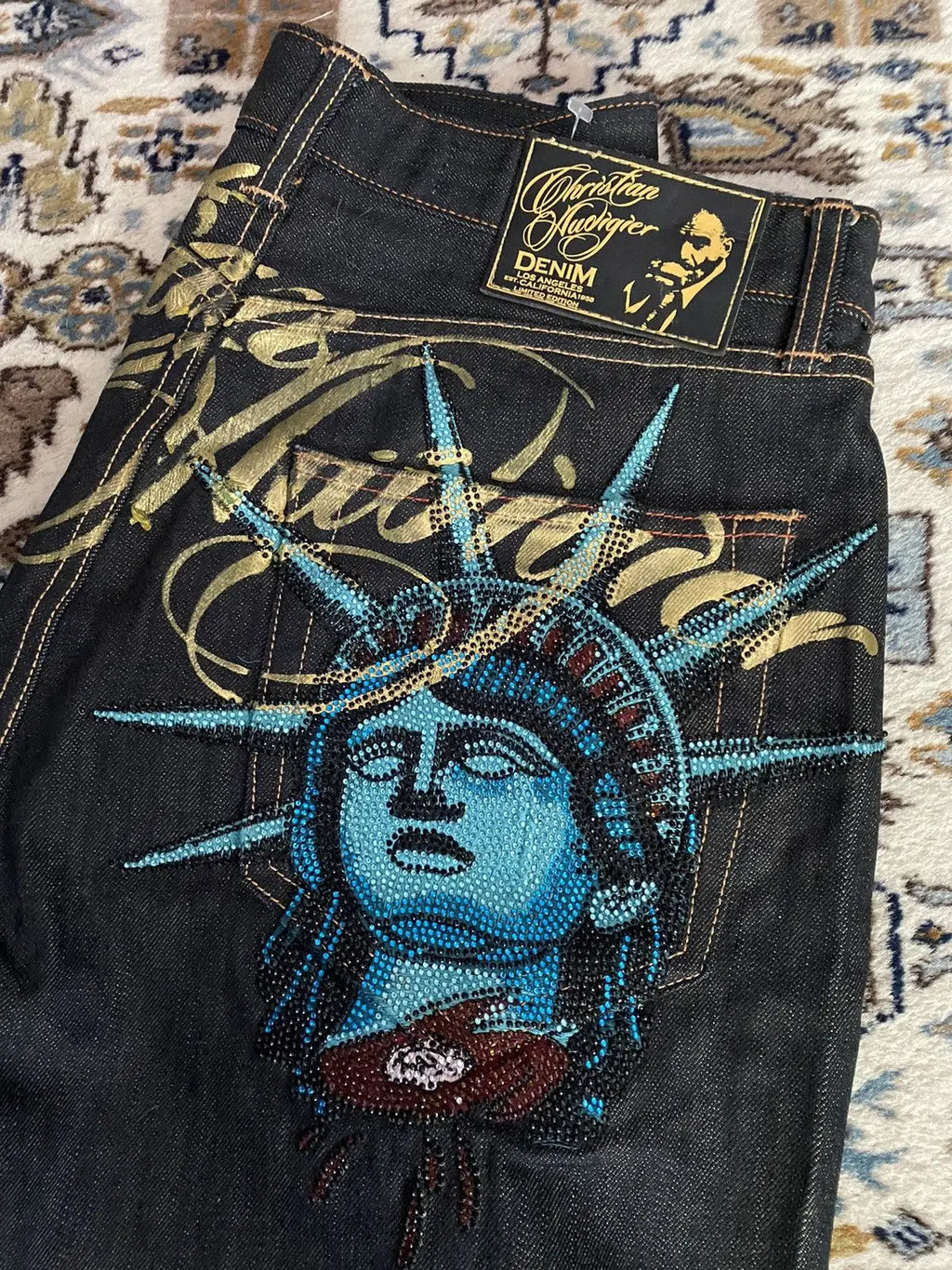 2000s Vintage Statue of liberty Diamonds Jeans Casual Denim Pants High Waist Straight Wide Leg Jeans Harajuku Y2k Women Clothing - Matrix-studios.com