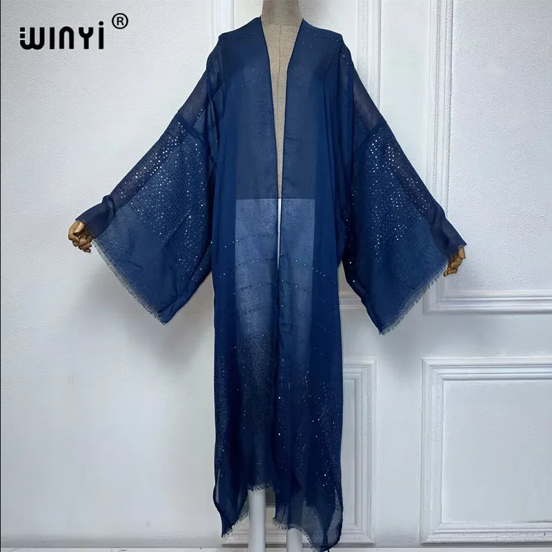WINYI Solid color design Beach Wear Swim Suit Middle East abaya dubai luxury Women Cardigan Holiday Long Sleeve Kimono Dress - Matrix-studios.com