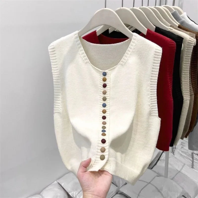 Sweater Vest Autumn Women Rainbow Single-breasted Button Soft Sweater Loose Knit Vest V-neck Knitwear Cardigan Lady Waistcoats - Matrix Studios
