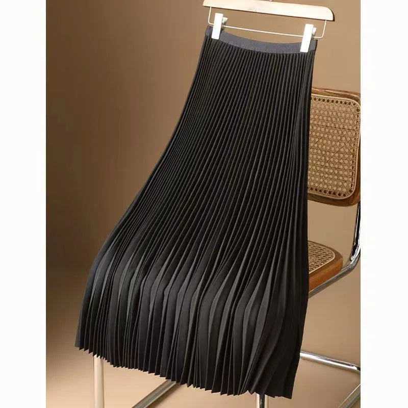 Women Vintage Midi Skirt Wide Elastic Waistband High Waist Pleated A-Line Skirt Summer Solid Color Smooth Satin Long Skirts - Matrix-studios.com