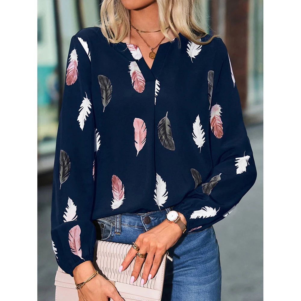 Fashion Woman Blouse Shirts For Women Stylish Top long Sleeve Feather Pattern Female Tops Elegant Chiffon Mujer Woman Clothes - Matrix-studios.com