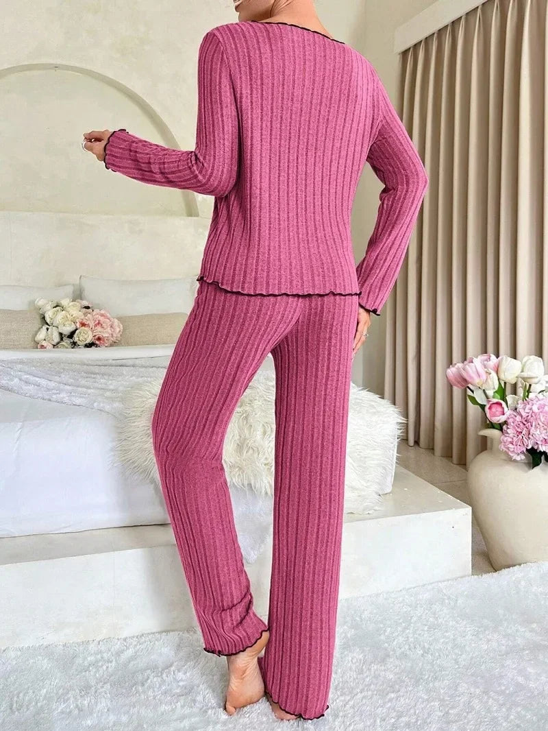Women Autumn Winter Sleepwear Ribbed Pajamas Set Long Sleeve Top and Long Pants 2 Piece Set Casual Homewear Loungewear - Matrix-studios.com