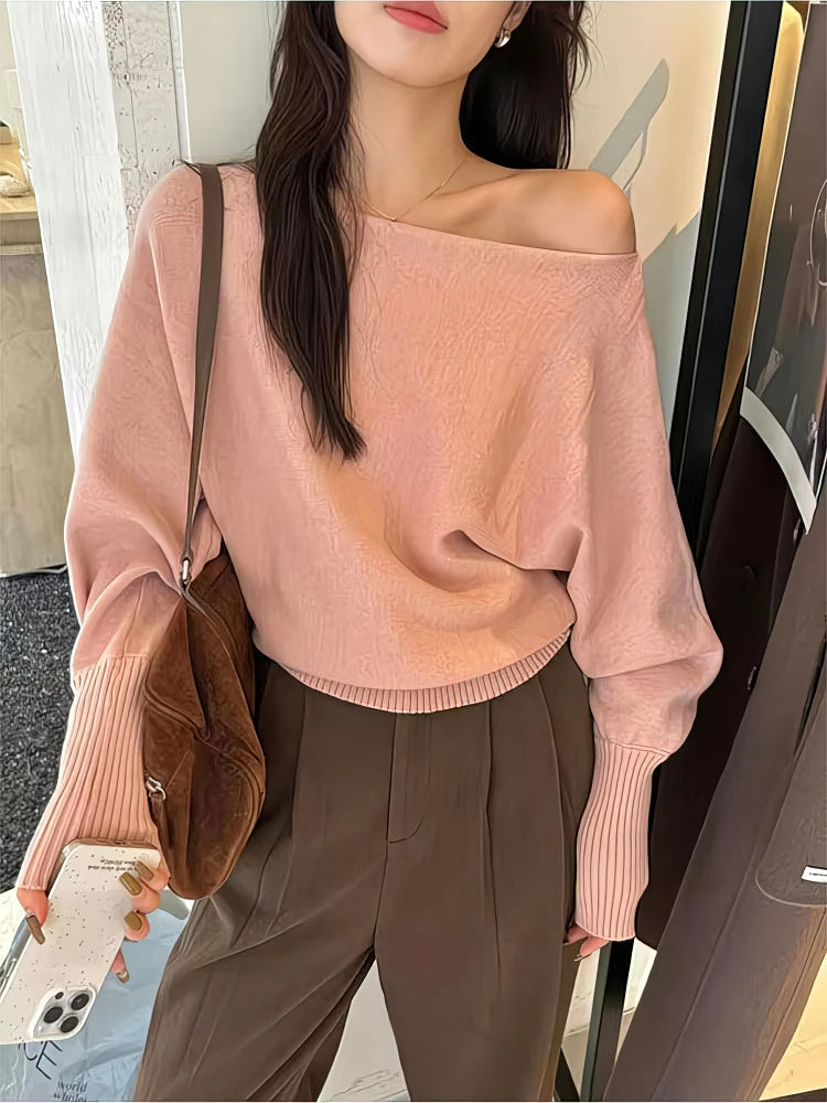 Batwing Long sleeve Knitted Pullover Women 300g Thick Off shoulder Top Korean Fashion Sweater Loose Casual Autumn Outwear Pull - Matrix Studios