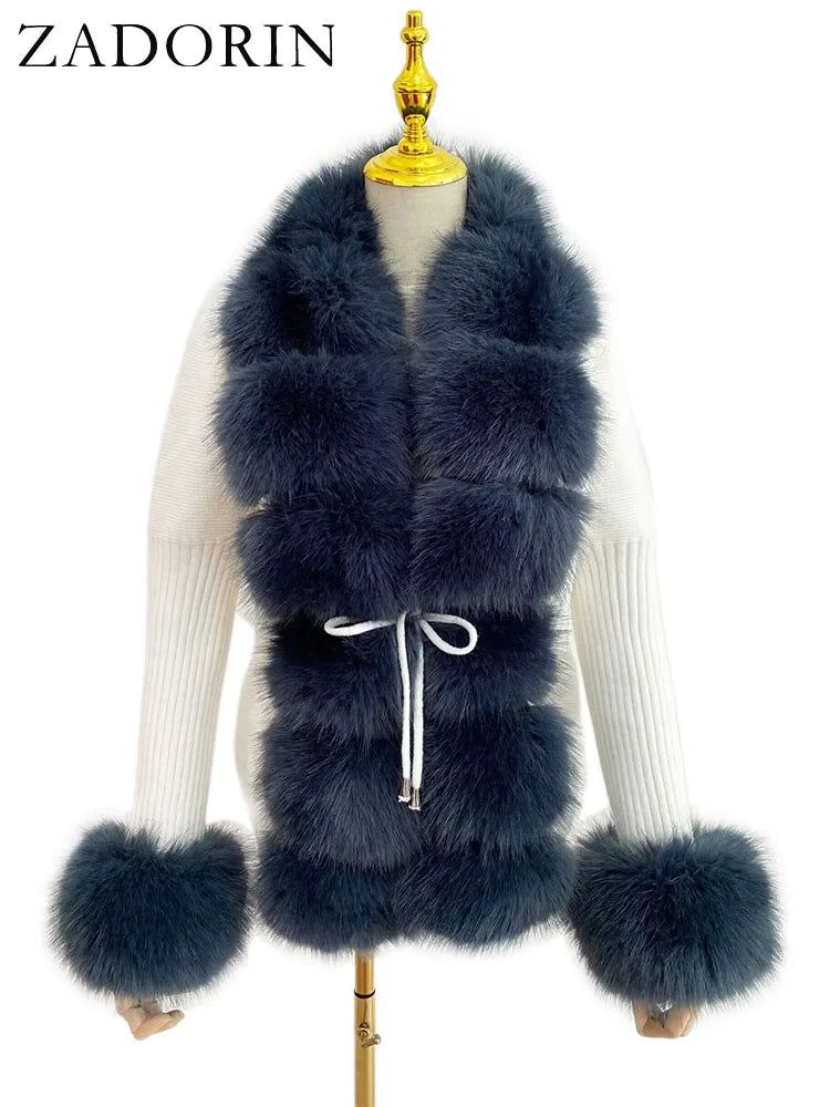 ZADORIN Autumn Winter Women Faux Fur Coat Luxury Knitted Sweater Fur Cardigan Detachable Collar White Pink Jacket Faux Fur Coats - Matrix Studios
