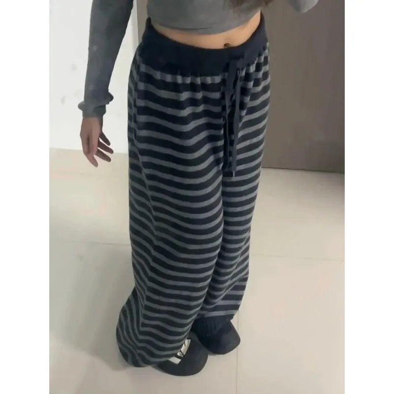 Harajuku Contrast Color Stripe Wide Leg Trousers Vintage Grunge Loose Knitted Casual Pant Y2k Aesthetic Women Straight Pants