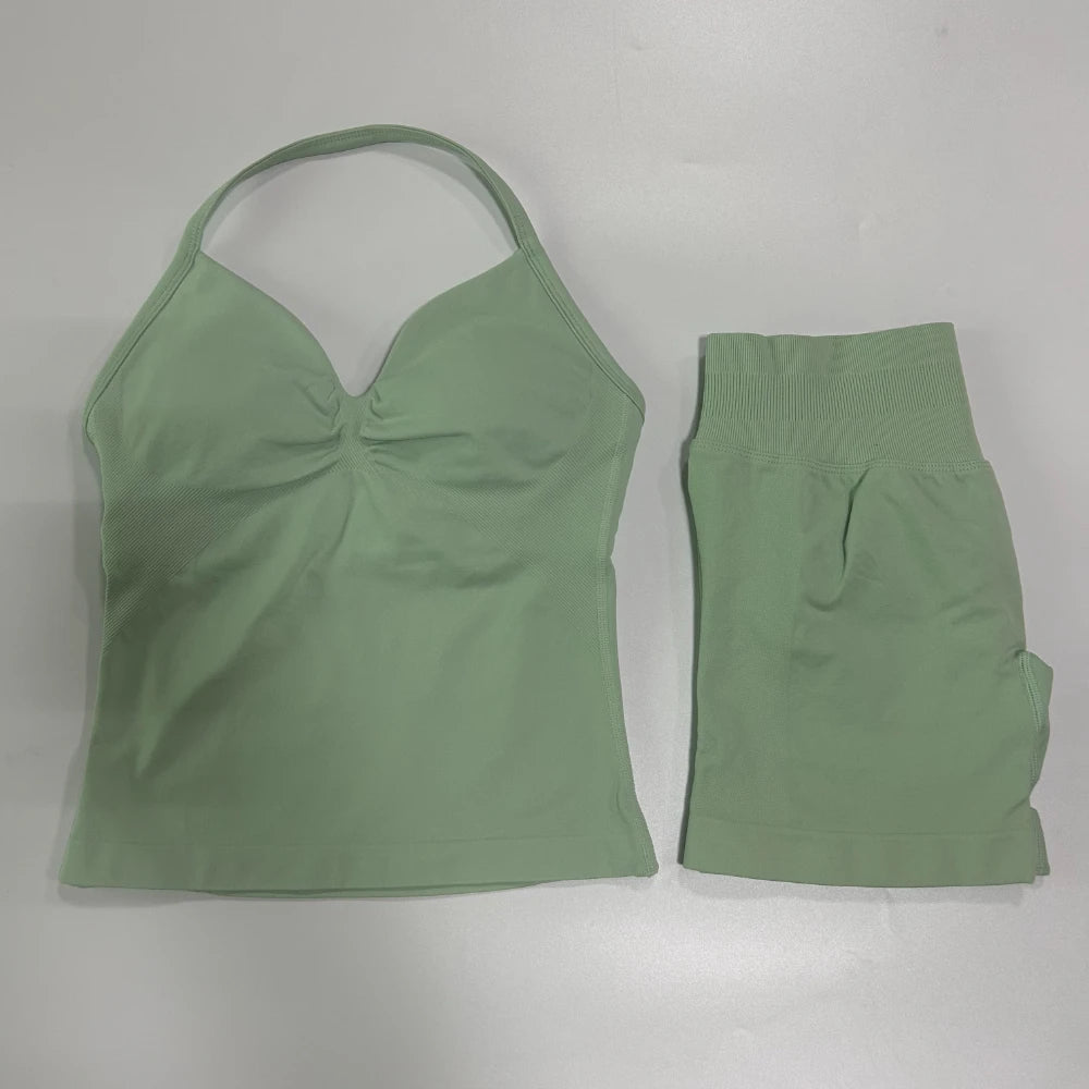 No Logo 2Pcs Gym Set Women Backless Tank Tops High Waist Scrunch Seamless Shorts Gym Suit Fitness Clothes Activewear Workout Set - Matrix-studios.com