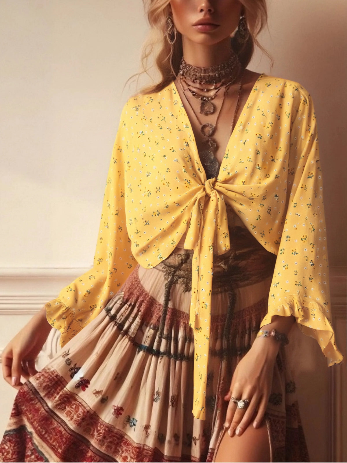 Vintage Fashion Women Yellow Floral 2025 Beach Summer Short Kimono Ruffles Flare Sleeves Vacation Bohemian Bikini Boho Cover-ups - Matrix Studios