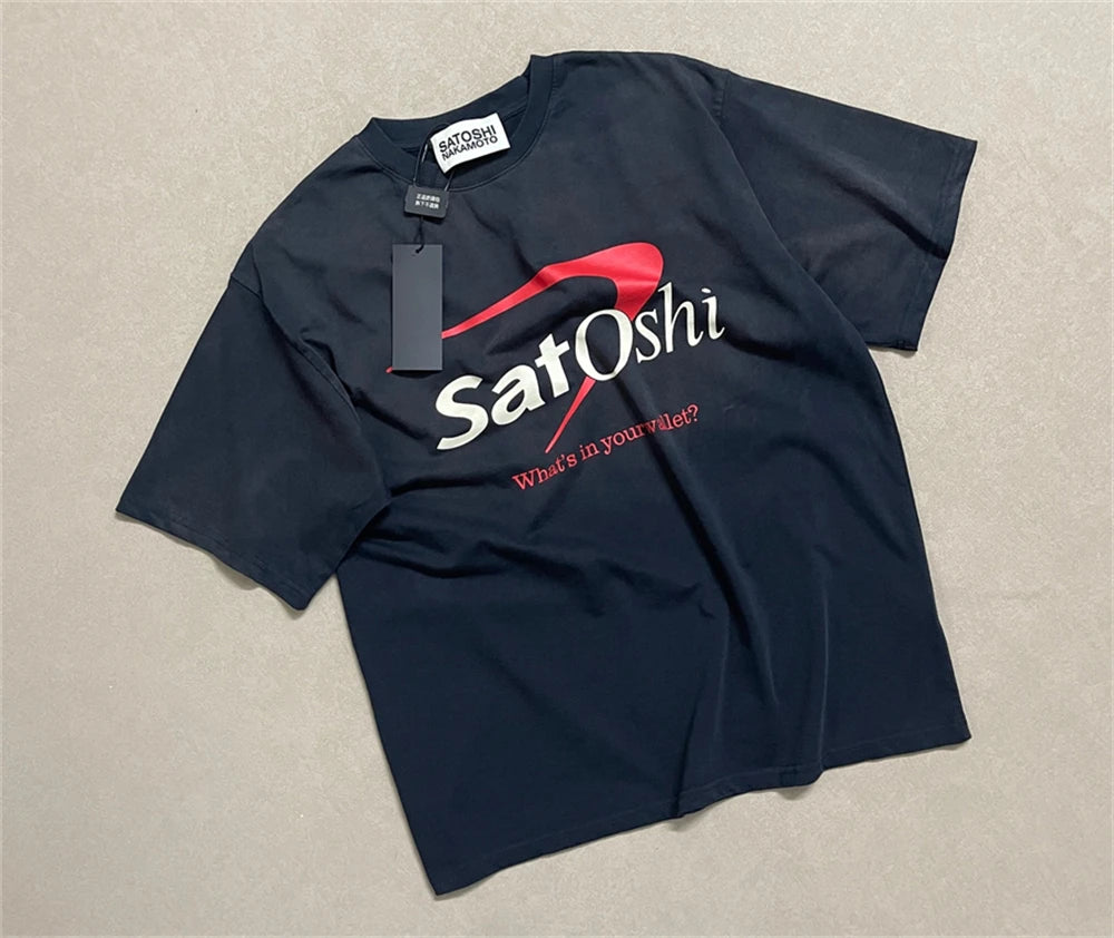 Summer Satoshi SS26 American Vintage Letter Printed Fashion Round Neck Washed Short Sleeve High Street Loose Oversize T-shirt - Matrix-studios.com