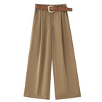HXAO Women's Pants High Waist Wide Leg Pants with Belt Satin Long Trousers Pockets Casual Baggy Pants Summer Elegant Lady Pants