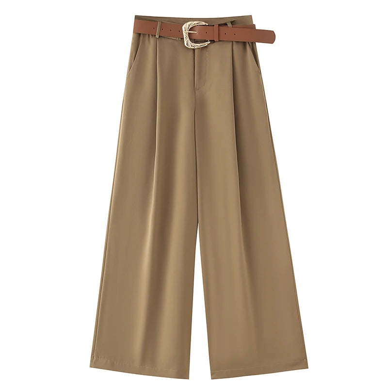 HXAO Women's Pants High Waist Wide Leg Pants with Belt Satin Long Trousers Pockets Casual Baggy Pants Summer Elegant Lady Pants