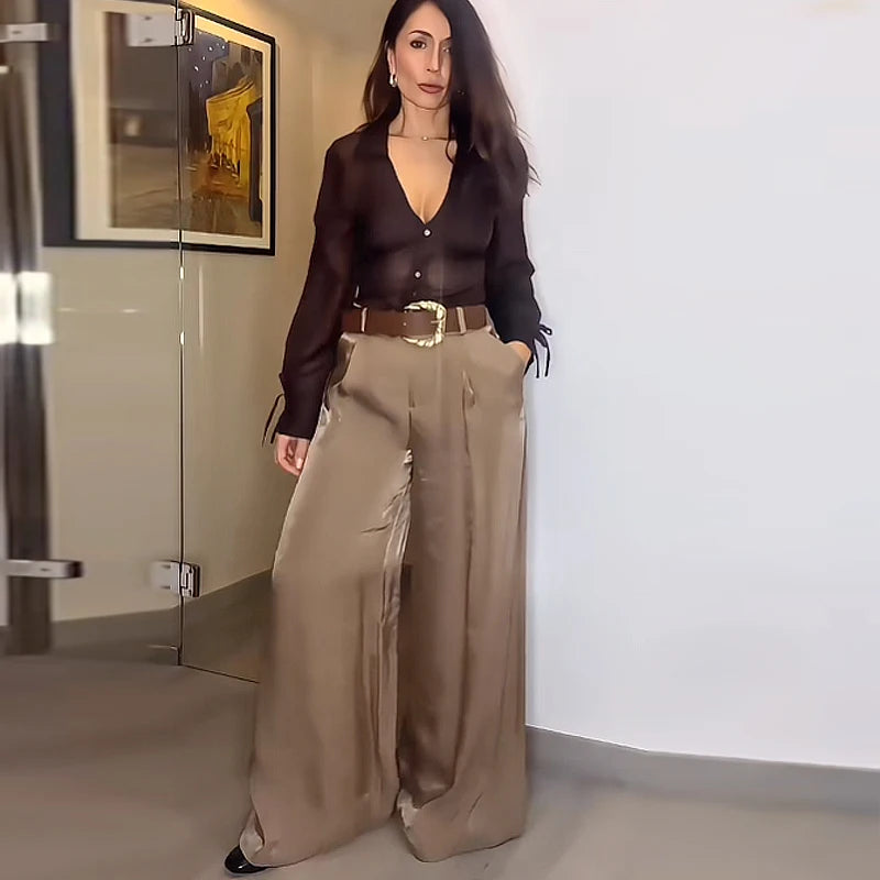 HXAO Women's Pants High Waist Wide Leg Pants with Belt Satin Long Trousers Pockets Casual Baggy Pants Summer Elegant Lady Pants