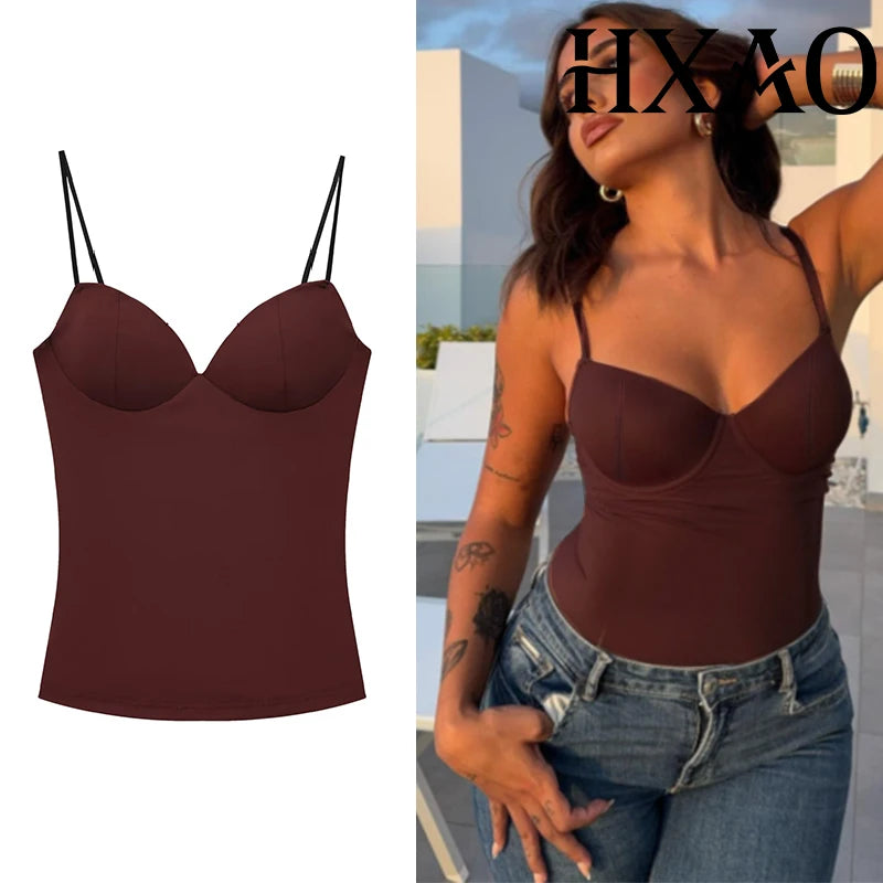 HXAO Sleeveless Crop Tops For Woman Corset Camisole Brown Top Women Bodycon Backless Sexy Tops With Straps Bustier Tank Tops - Matrix-studios.com