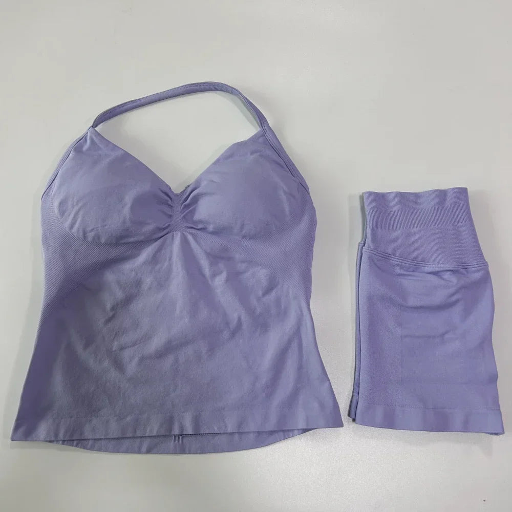 No Logo 2 Pieces Sports Set Women Backless Tank Tops High Waist Scrunch Seamless Shorts Gym Set Sportswear Workout Set Yoga - Matrix-studios.com