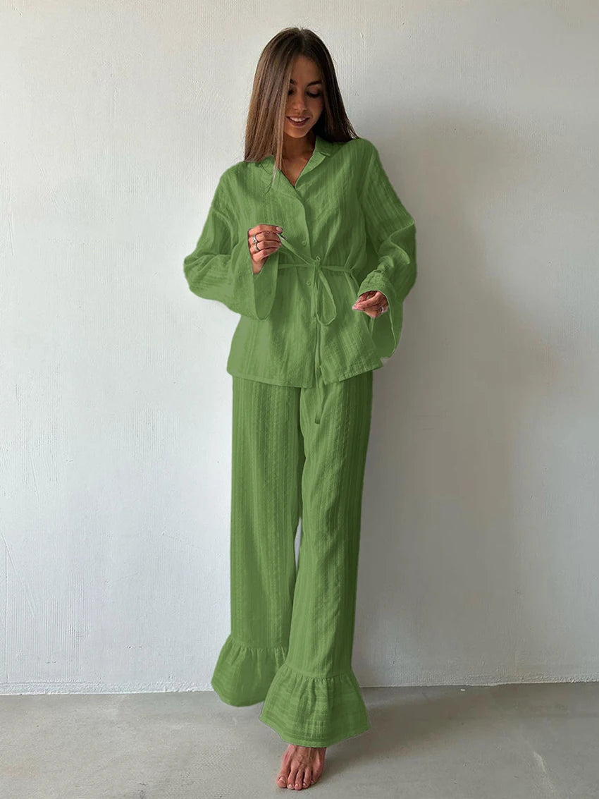 Marthaqiqiq Casual Women Nightgown 2 Piece Suit Long Sleeve Nightwear Turn-Down Collar Sleepwear Pants Loose Home Clothes Ladies - Matrix-studios.com