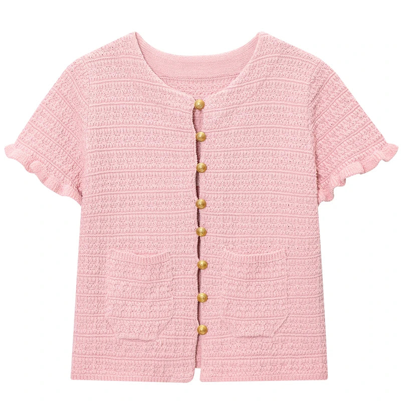 HXAO Crop Knit Cardigan For Women Summer Knitwear 2025 Women's Sweater Pink Off White O-Neck Short Sleeve Bolero Cardigan Woman - Matrix Studios