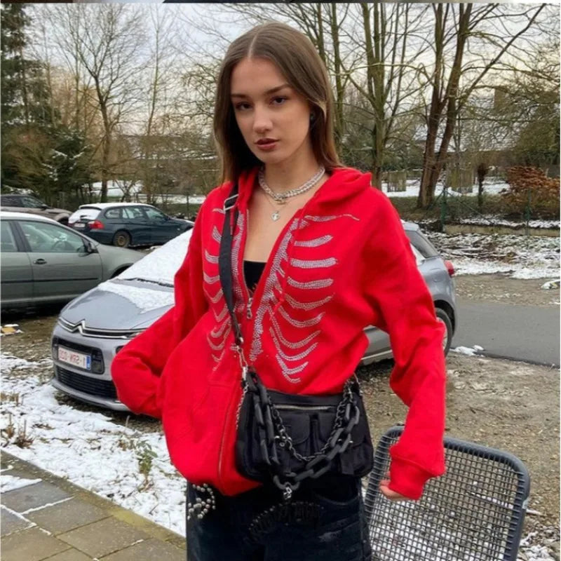 Y2K Rhinestone Skeleton Hoodies Women Gothic Black Zip Up Oversized Sweatshirts Female Retro Harajuku Hooded Jacket Streetwear - Matrix Studios