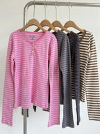 Pink Striped Slim Long Sleeve Tees Women Spring Casual Cotton O-neck Tshirt New Tops Clothes Sweet Cute  Vintage T-shirts Y2K - Matrix-studios.com