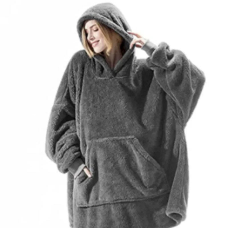 Winter Warm Unisex Double-faced Fleece Hooded Sweatshirts Casual Loose Long Thicken Pocket Pullover Batwing-sleeved Home Clothes - Matrix Studios
