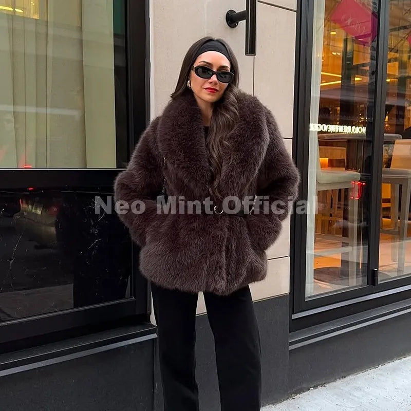 Neo Mint 2025 Winter Hot Brown Belted Faux Fur Coat Women Thick Warm Long Fox Fur Jacket Chic Brand Fashion Girls Furry Overcoat - Matrix Studios