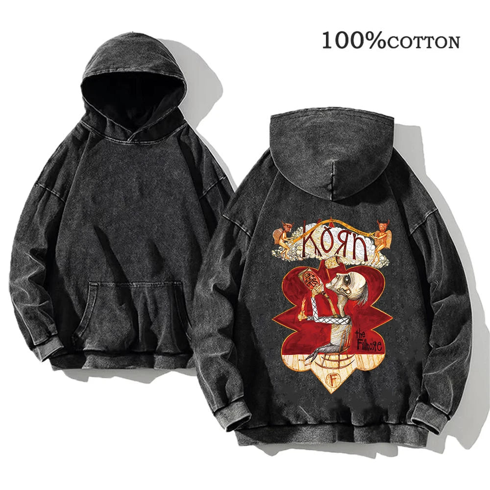 Korn Rock Band World Tour Hoodies Vintage Washed Men's Sweatshirts Cotton Hip Hop Streetwear Hooded Pullover Loose Y2K Tops - Matrix Studios