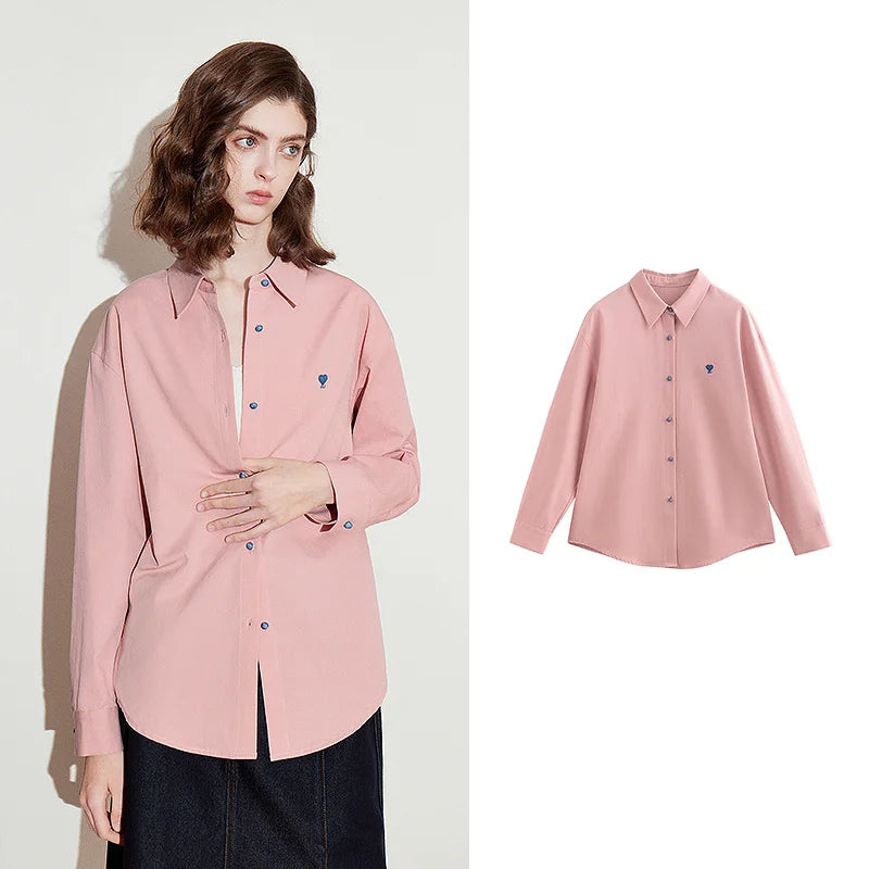 TOYOUTH Women Blouse Shirt 2025 Spring New Love Embroidered Simple and Versatile Solid Color Pure Cotton Shirt Tops - Matrix-studios.com