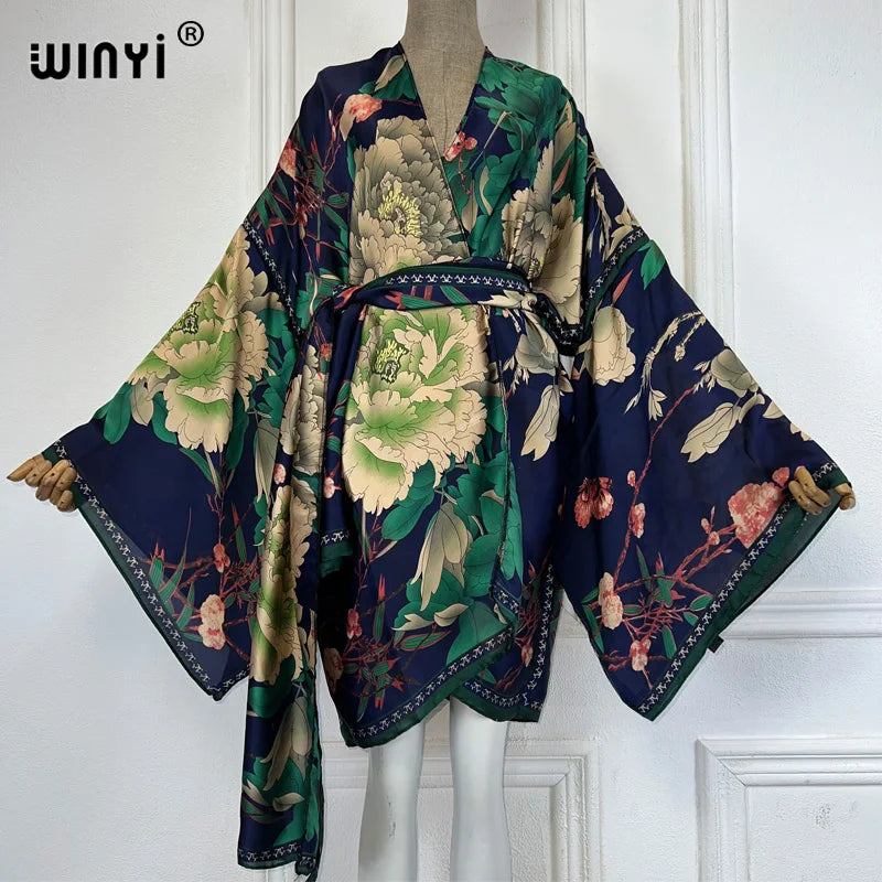 WINYI Summer Beach Outfits Women Swim Suit Cover Up Kaftan Boho Cardigan Stitch Self Belt Sexy Holiday Long Sleeve Print Kimono - Matrix Studios