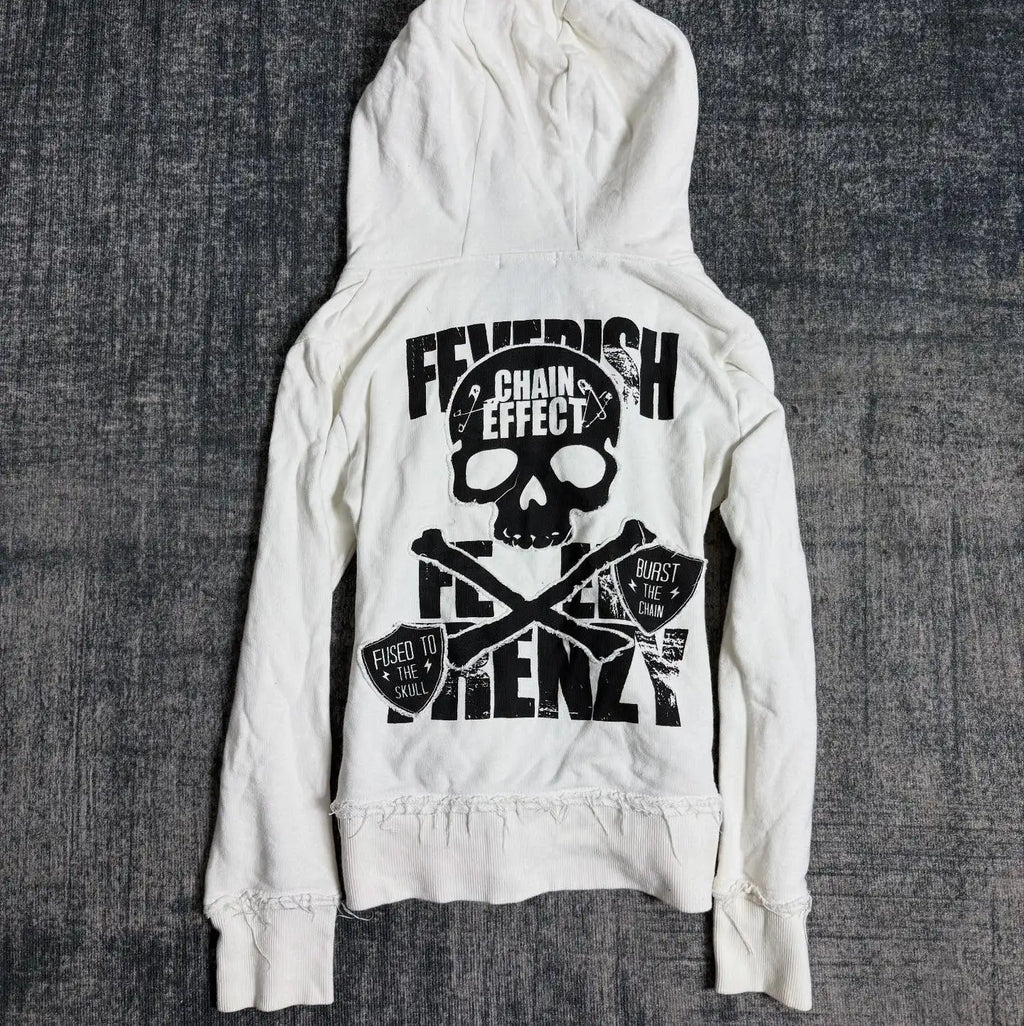 Retro Dark Style Zipper Hoodie Y2K Clothes Mens Womens Hip Hop Skull Patch Embroidery White Oversized Sweatshirt Casual Jacket
