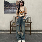 American Retro Hole-punched Jeans Women High Waist Straight-crotch Loose Slim Design High-street Vibe Wide-legged Dragging Pants - Matrix-studios.com