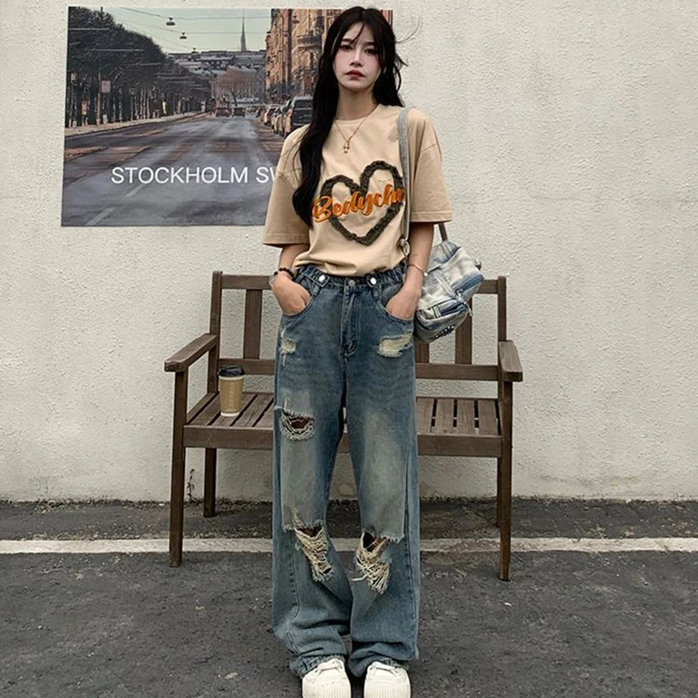 American Retro Hole-punched Jeans Women High Waist Straight-crotch Loose Slim Design High-street Vibe Wide-legged Dragging Pants - Matrix-studios.com