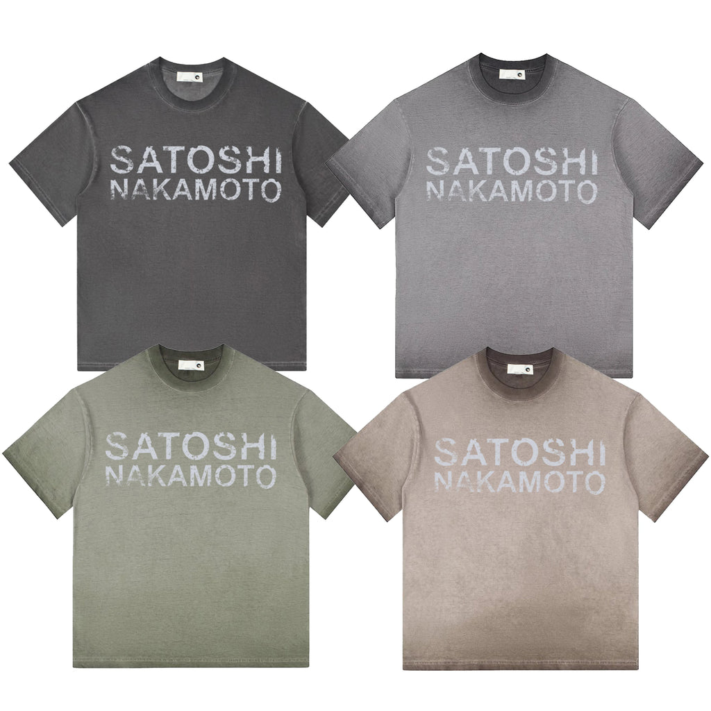 Summer American Street SATOSHI Tshirts Retro Washed Distressed Washed Faded Classic Letter Print Short Sleeve Men Women Tops - Matrix-studios.com