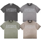 Summer American Street SATOSHI Tshirts Retro Washed Distressed Washed Faded Classic Letter Print Short Sleeve Men Women Tops - Matrix-studios.com