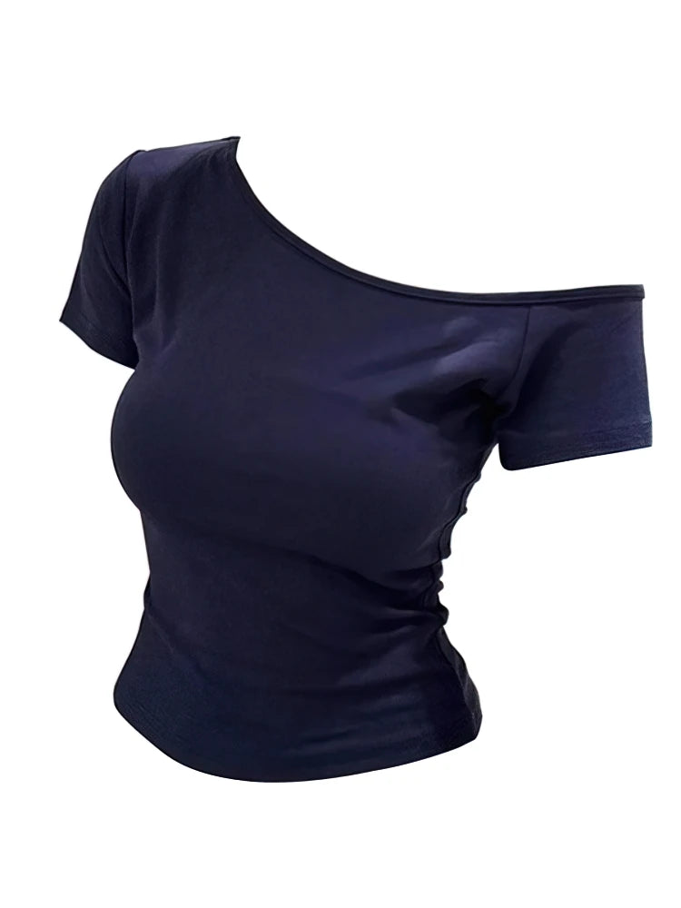 Summer Off shoulder Top Women Slim fit Body Summer  Short sleeve T shirt One shoulder Female Sexy Basic Tees Korean Chic - Matrix-studios.com