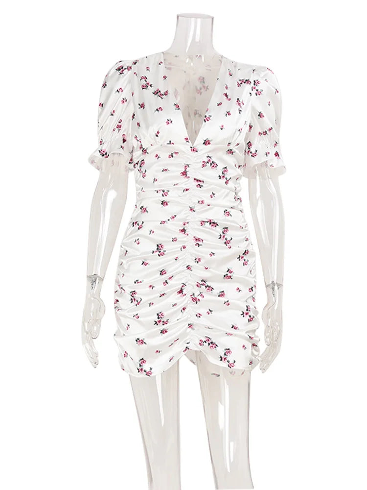 CNYISHE Puff Short Sleeve V Neck Prints Hip Wrap Women Dresses Sexy Club Sheath Fashion Female Bodycon Vestidos Robes Chic Slim - Matrix-studios.com