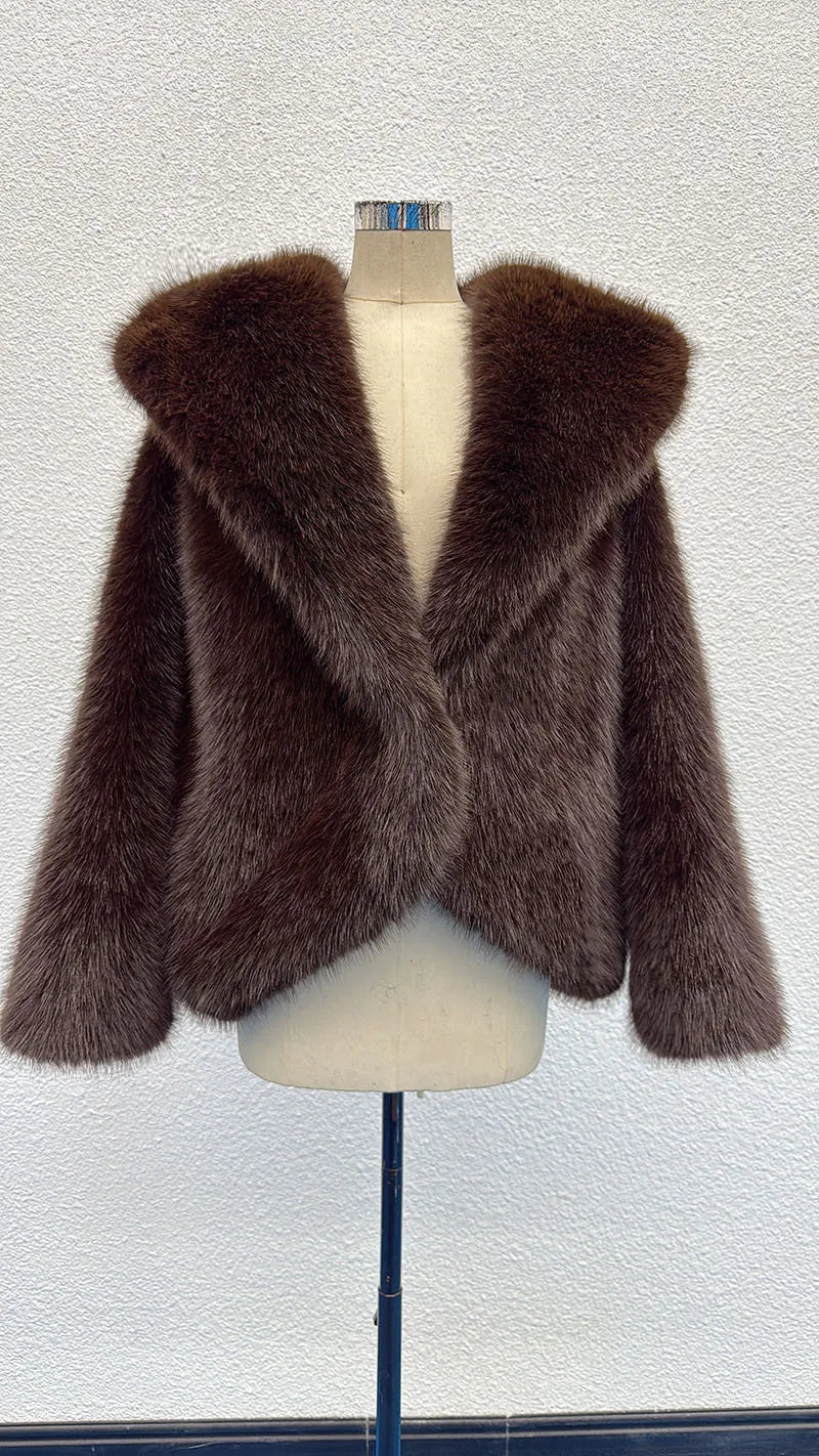 2026 Autumn Winter Women Faux Fur Short Coats Solid Hooded Jackets Long Sleeves Covered Button Thick Office Lady OVERCOAT - Matrix Studios