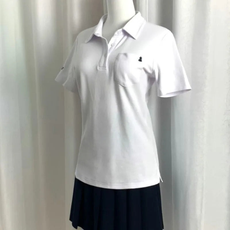 Deeptown Basic Embroidere T-Shirts Women Short Sleeve Polo Collar Japanese Style JK Tees Slim Preppy Solid Color Summer Youthful - Matrix-studios.com