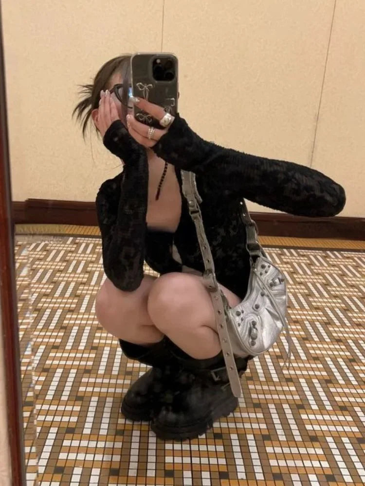 Y2k Aesthetic Lace Jacquard Women's Cardigan + Black Tank Top Harajuku Vintage 2set Japanese Grunge Fashion Pull Femme Mujer - Matrix Studios