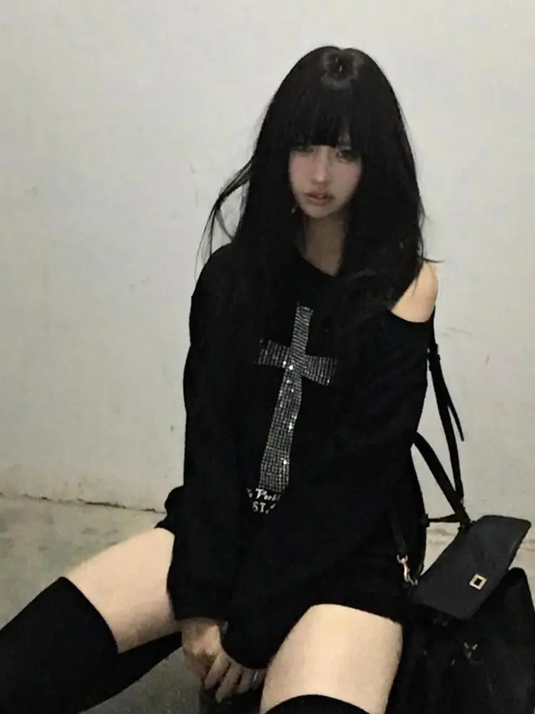 Seeslim Cross One-shoulder Graphic Hoodies Long Sleeve Black Women's Sweatshirts Harajuku Grunge 2000s Clothes Y2k Autumn Tops - Matrix-studios.com
