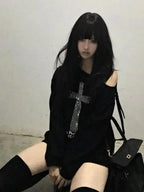 Seeslim Cross One-shoulder Graphic Hoodies Long Sleeve Black Women's Sweatshirts Harajuku Grunge 2000s Clothes Y2k Autumn Tops - Matrix-studios.com