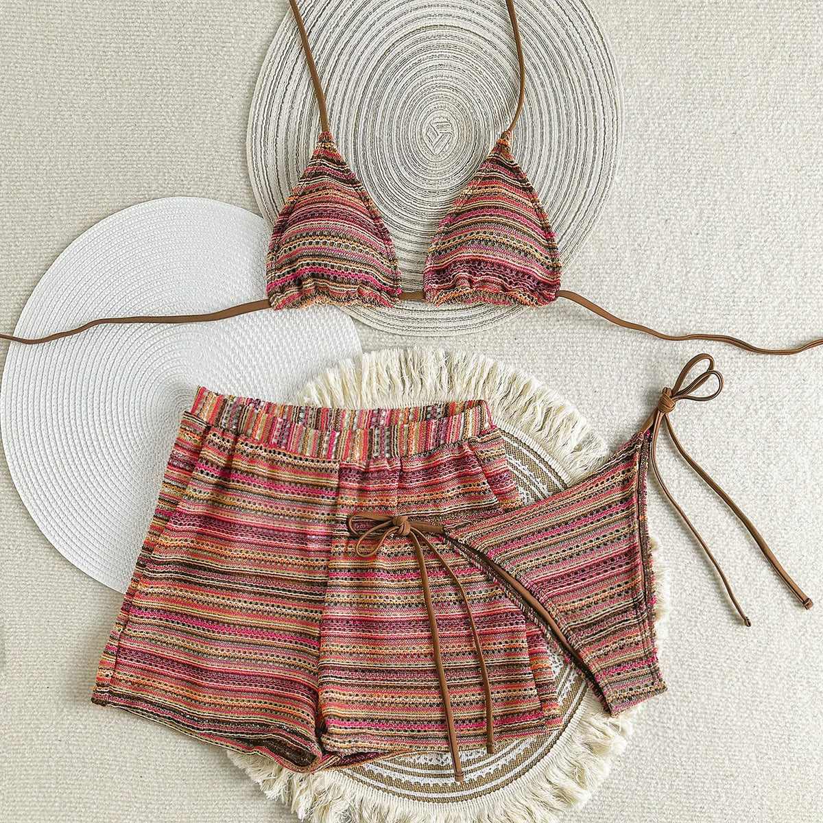 Sexy Knitted Striped Halter Tie Bikinis Sets Three Pieces with Shorts Swimsuits Beachwear Bathing Suit Swimwear Biquini Tankini - Matrix-studios.com