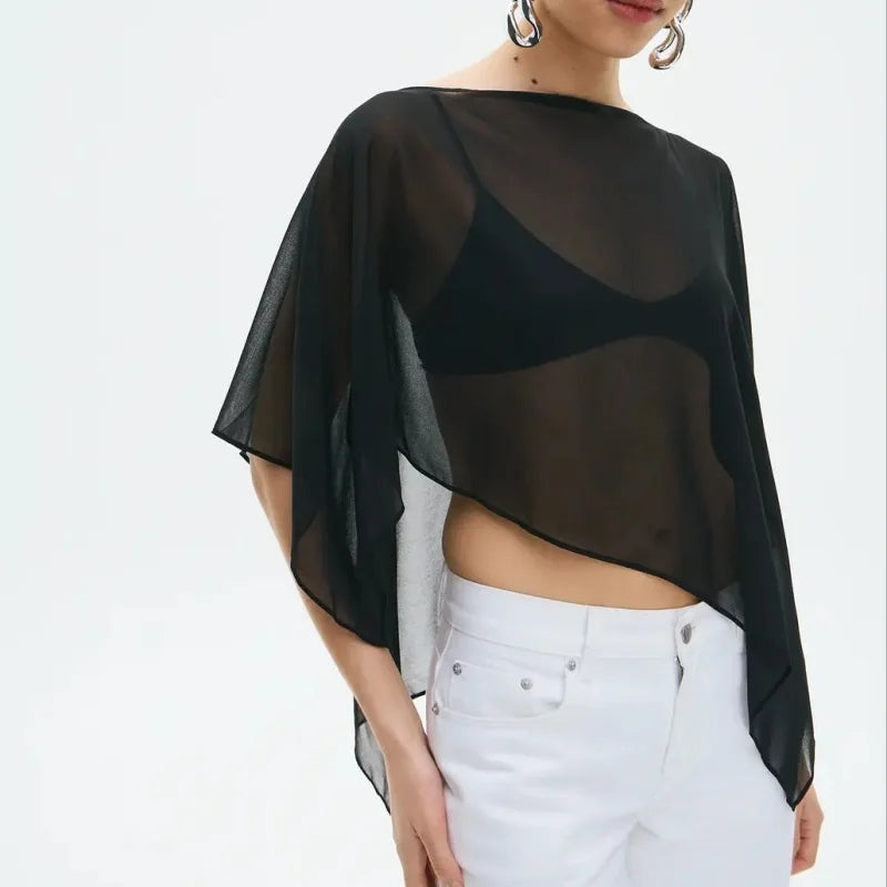 Womens Sheer Mesh Poncho Y2k Loose Solid Boat Neck Irregular Shrug Trendy Casual See Through Off Shoulder Beach Coverup Top New - Matrix Studios